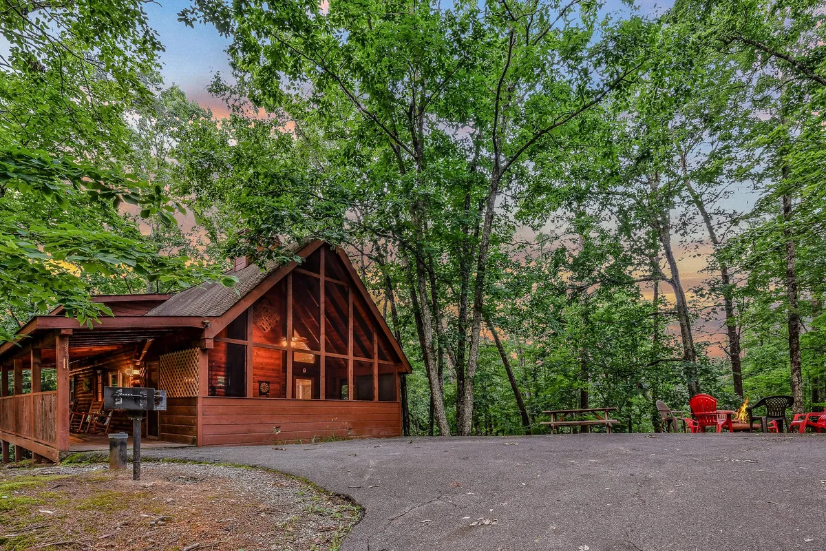 The exterior of the wooden cabin is shown with an inviting outdoor seating area and a grill. The setting is tranquil, perfect for gathering around the fire pit or simply relaxing after a day of adventure.